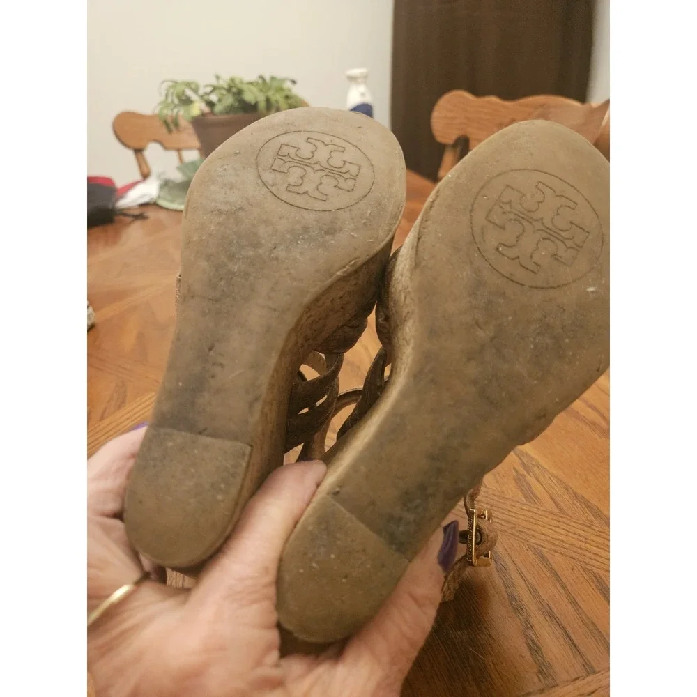 Tory Burch Wedge‎ Espadrille Sandals, Sz7, Tan Straps.